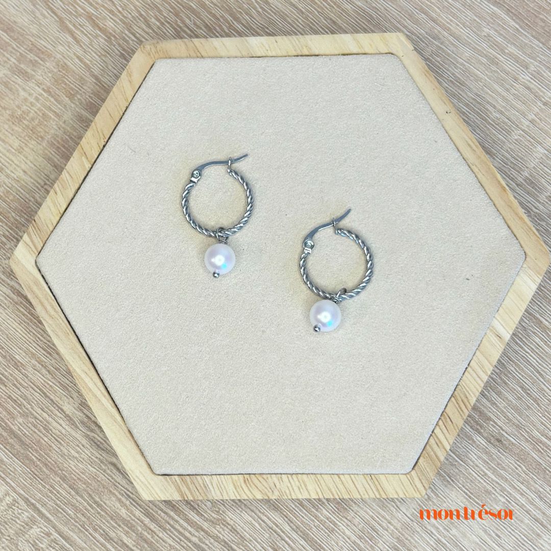 Round rope earring with pearl pendant zilver